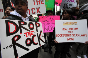 Protesters rally outside New York Governor David Paterson's New York City office March 25, 2009 calling for an end to the remaining so-called Rockefeller-era drug laws. (Photo by Mary Altaffer / AP)